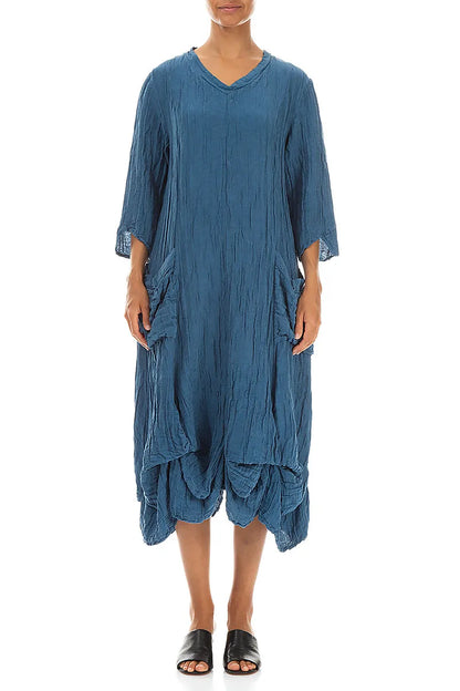 Drapiertes Crinkled Denim-blaues Seidenleinenkleid