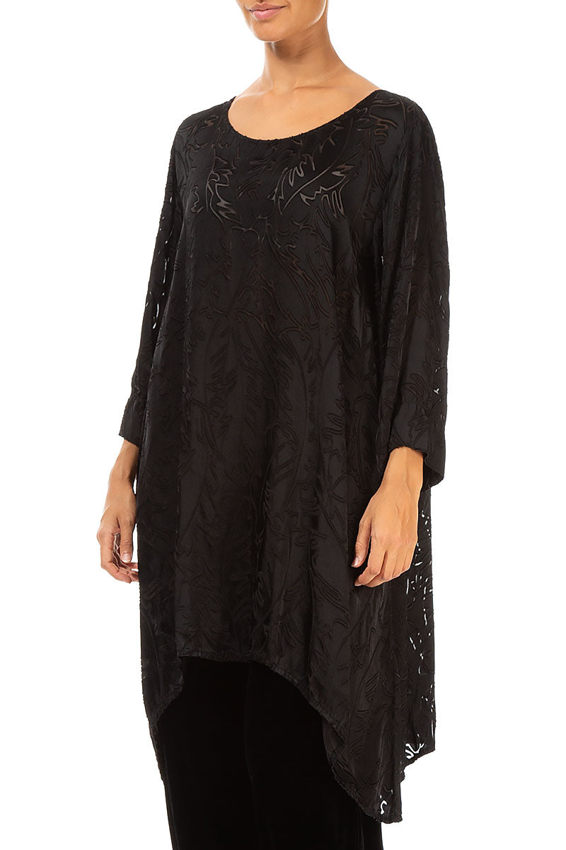 Dropped Edge Black Devoré Feather Silk Tunic 3