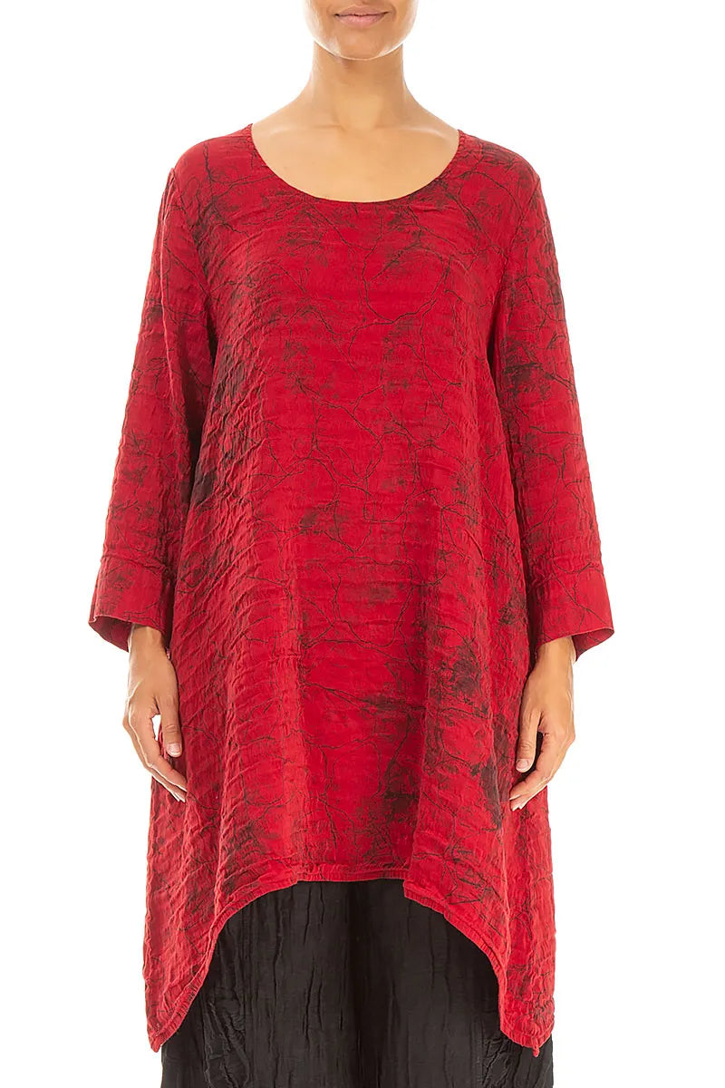 Dropped Edge Cherry Red Marble Crinkled Silk Tunic