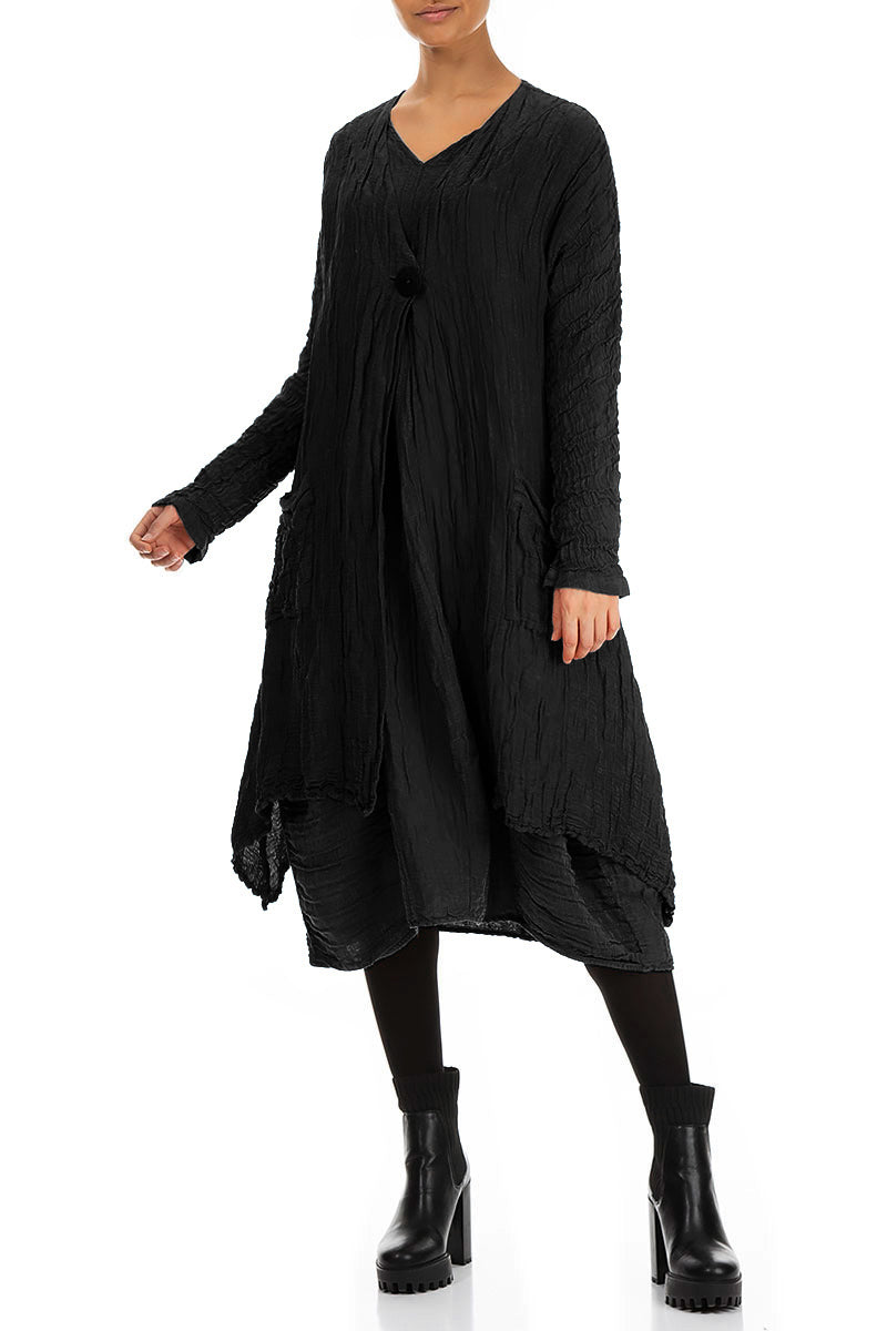 Dropped Edge Crinkled Black Silk Jacket 3
