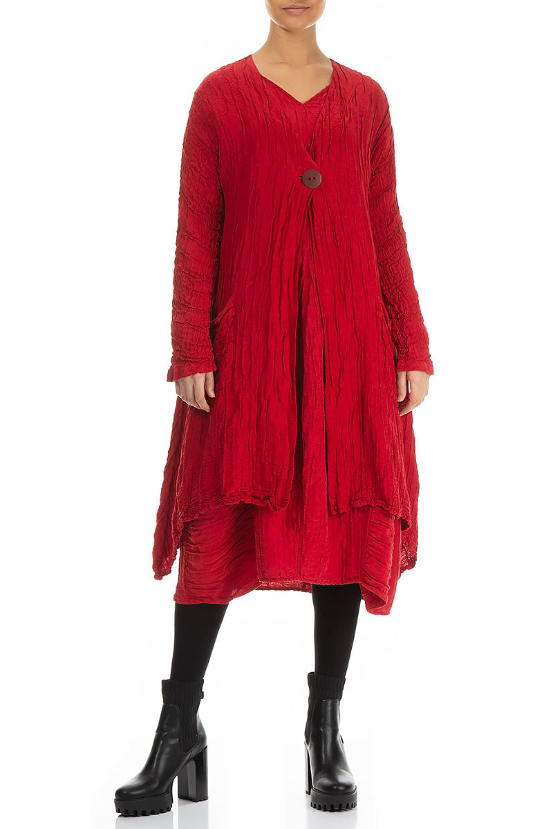 Dropped Edge Crinkled Cherry Red Silk Linen Jacket 5