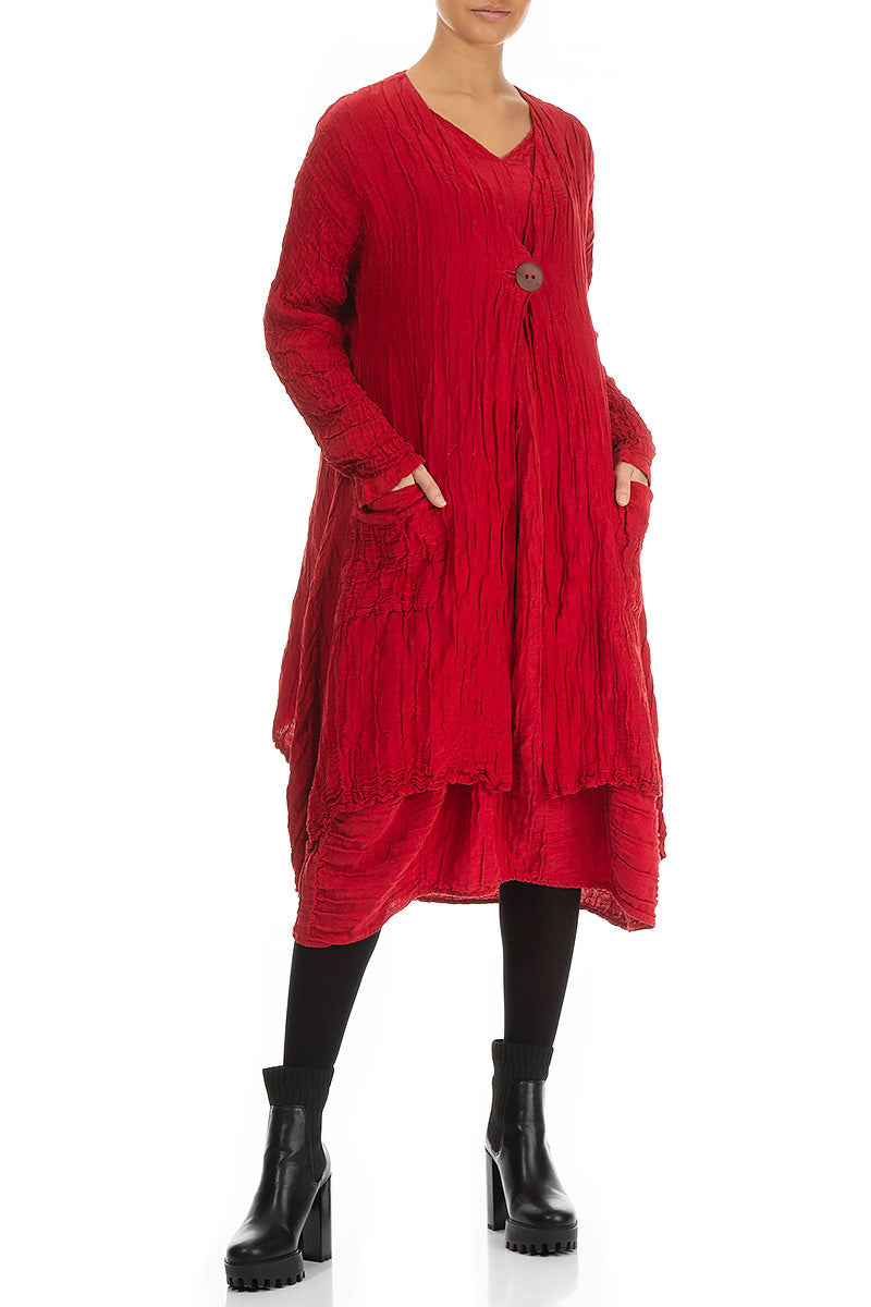 Dropped Edge Crinkled Cherry Red Silk Linen Jacket 4