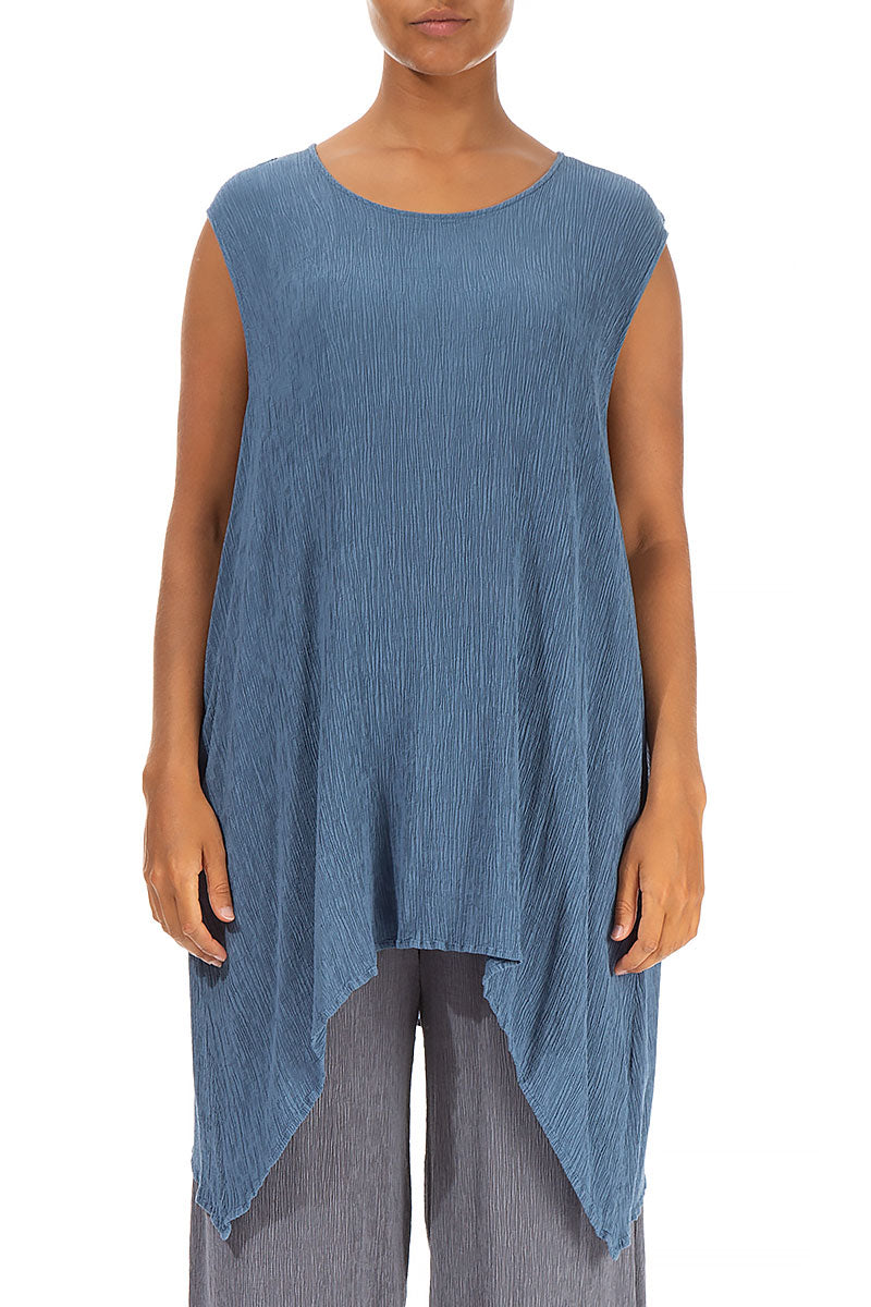 Dropped Edge Crinkled Denim Blue Silk Viscose Tunic 1
