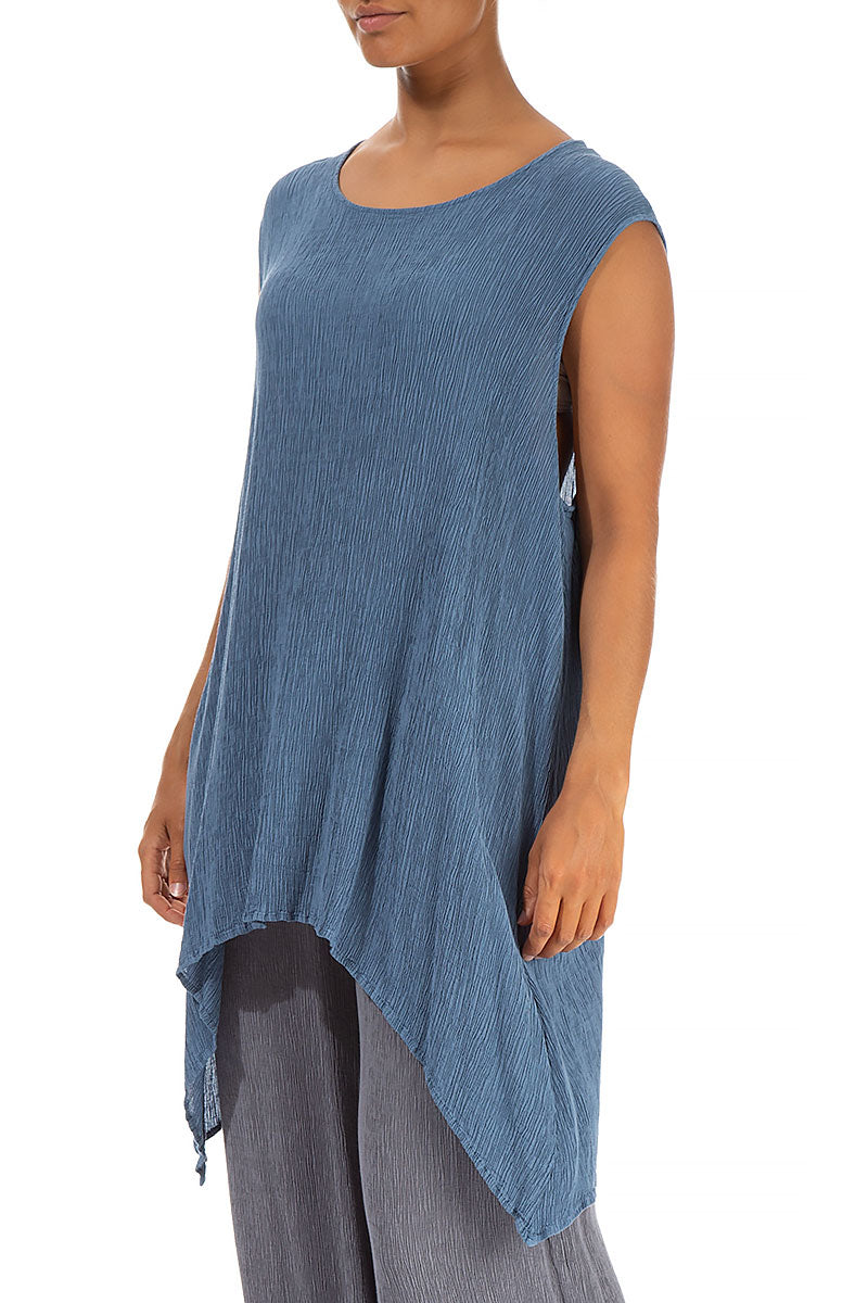 Dropped Edge Crinkled Denim Blue Silk Viscose Tunic 3