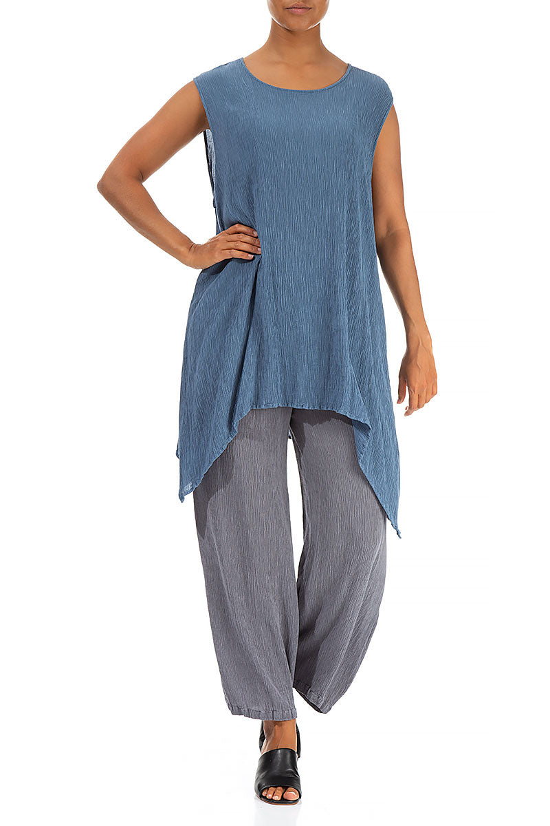 Dropped Edge Crinkled Denim Blue Silk Viscose Tunic 4