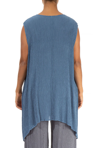 Dropped Edge Crinkled Denim Blue Silk Viscose Tunic 2