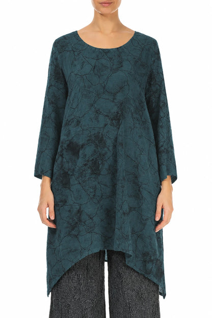 Dropped Edge Deep Turquoise Marble Crinkled Silk Tunic
