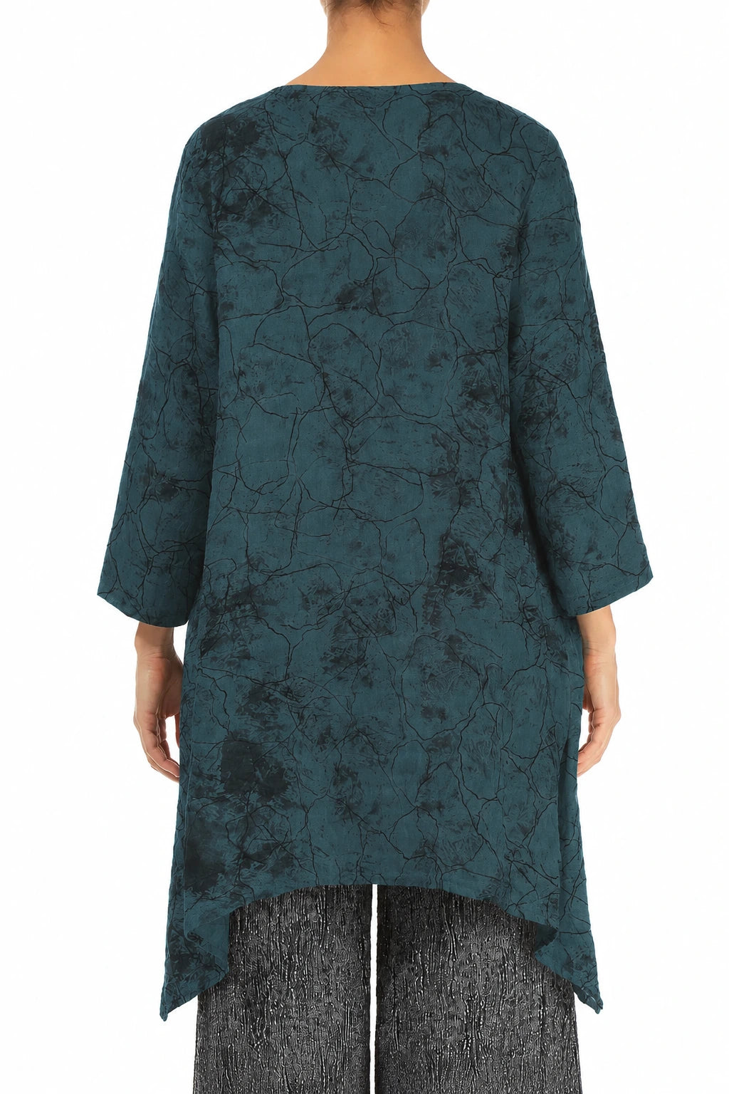 Dropped Edge Deep Turquoise Marble Crinkled Silk Tunic