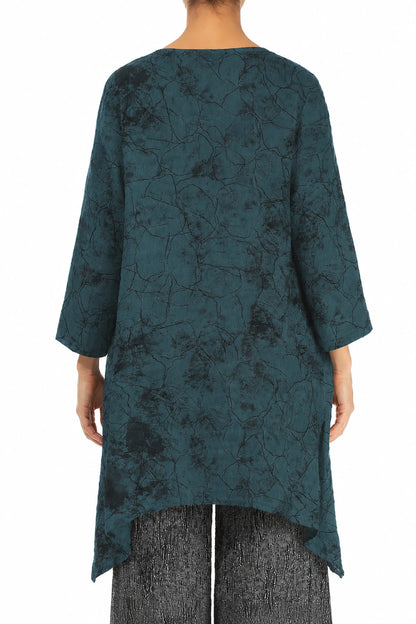Dropped Edge Deep Turquoise Marble Crinkled Silk Tunic