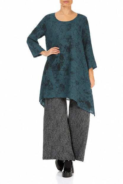 Dropped Edge Deep Turquoise Marble Crinkled Silk Tunic