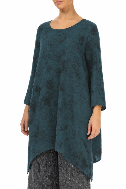 Dropped Edge Deep Turquoise Marble Crinkled Silk Tunic
