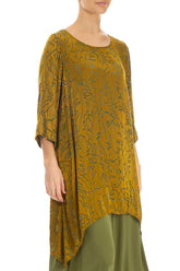 Dropped Edge Golden Olive Devoré Feather Silk Tunic 3