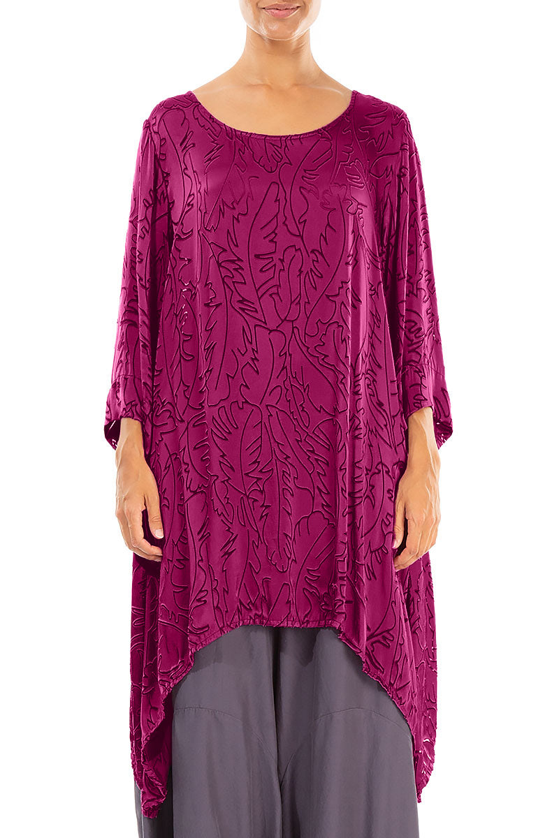 Dropped Edge Magenta Devoré Feather Silk Tunic 1