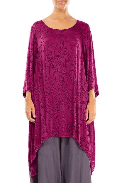 Dropped Edge Magenta Devoré Feather Silk Tunic 1