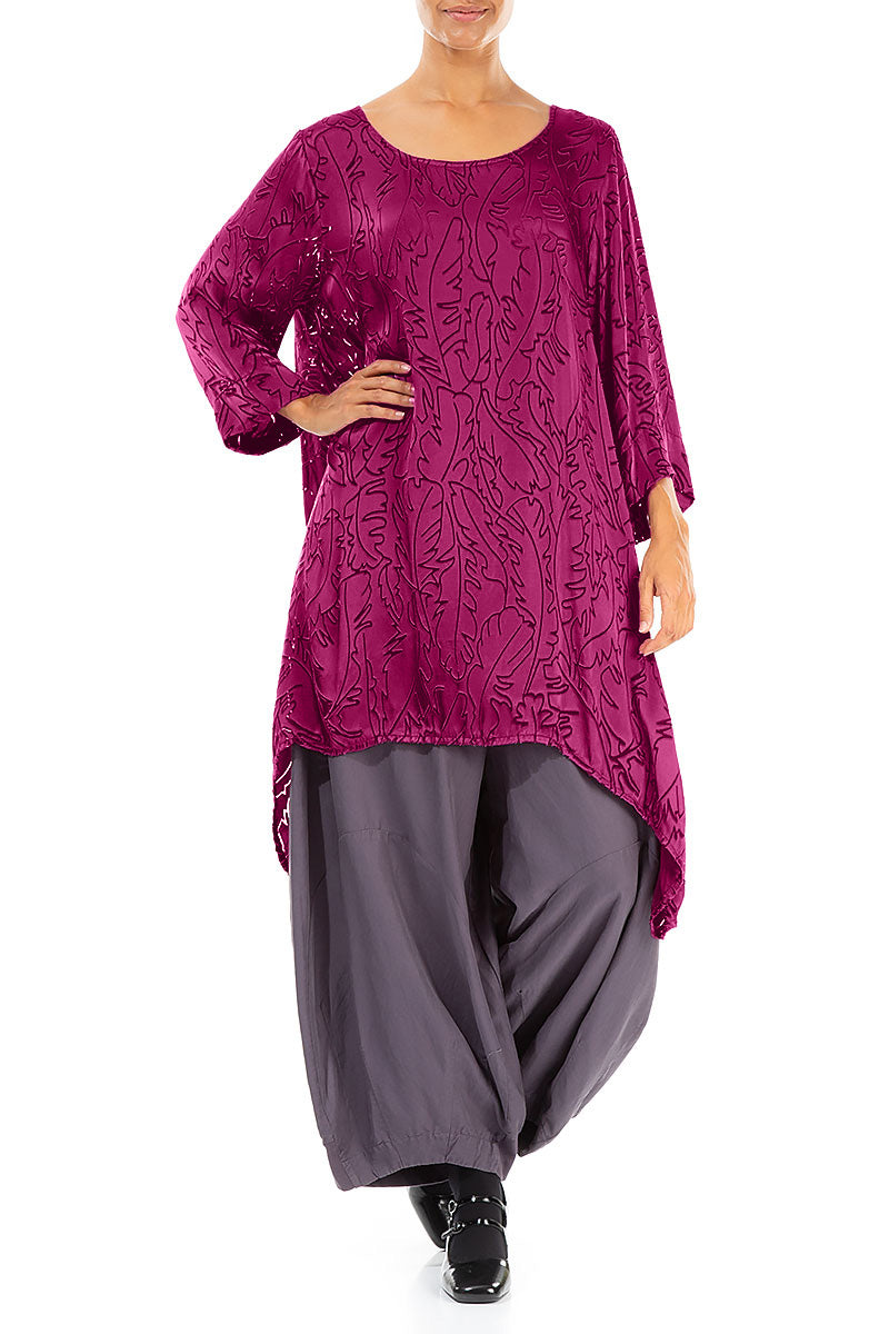 Dropped Edge Magenta Devoré Feather Silk Tunic 4