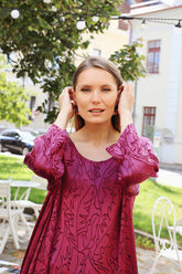 Dropped Edge Magenta Devoré Feather Silk Tunic 6