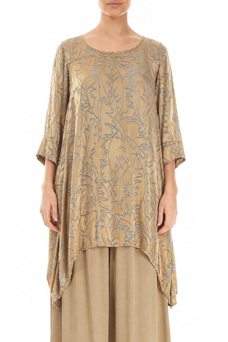 Dropped Edge Olive Devoré Feather Silk Tunic 1