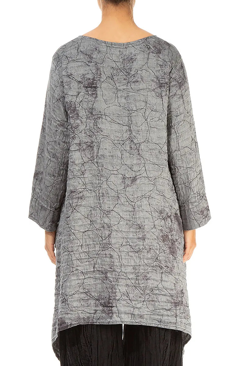 Dropped Edge Silver Marble Crinkled Silk Tunic