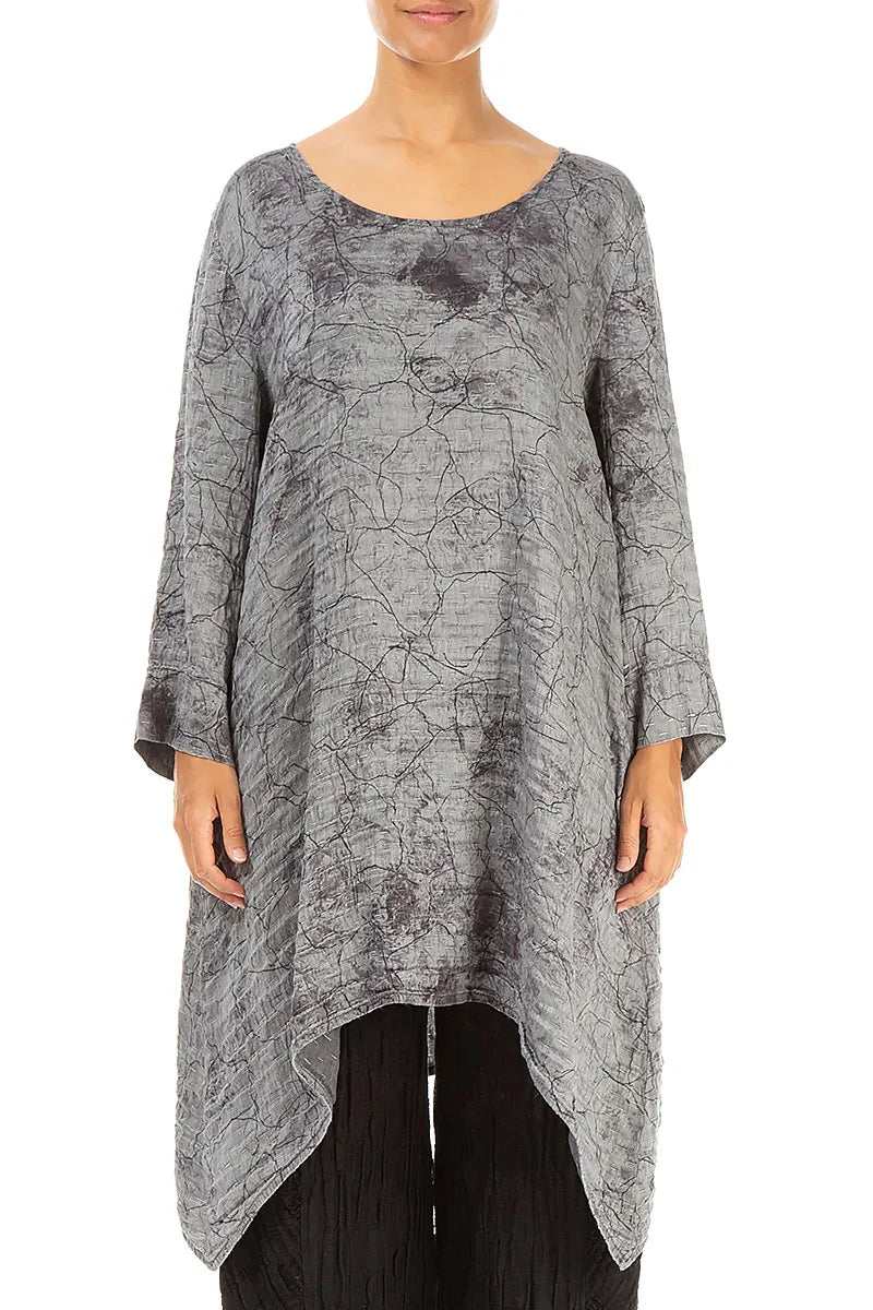 Dropped Edge Silver Marble Crinkled Silk Tunic