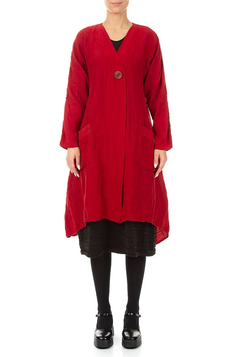 Dropped Edge Textured Cherry Red Silk Linen Jacket