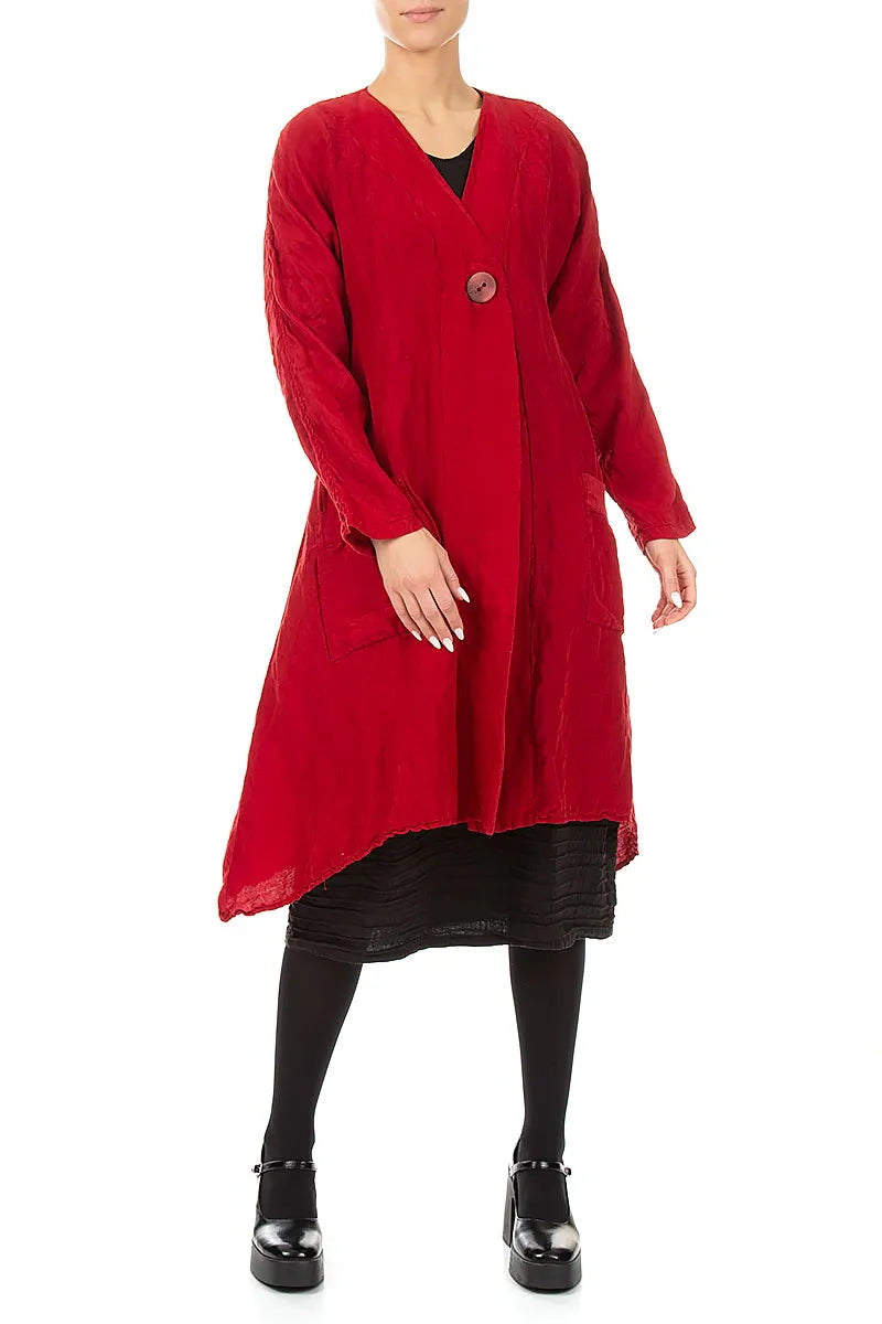 Dropped Edge Textured Cherry Red Silk Linen Jacket