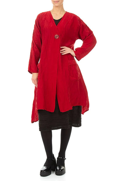 Dropped Edge Textured Cherry Red Silk Linen Jacket