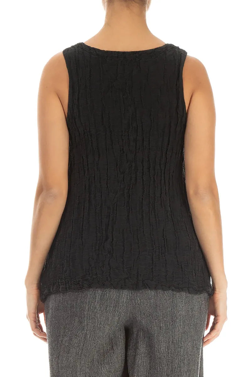 Dropped Sides Black Crinkled Silk Linen Blouse