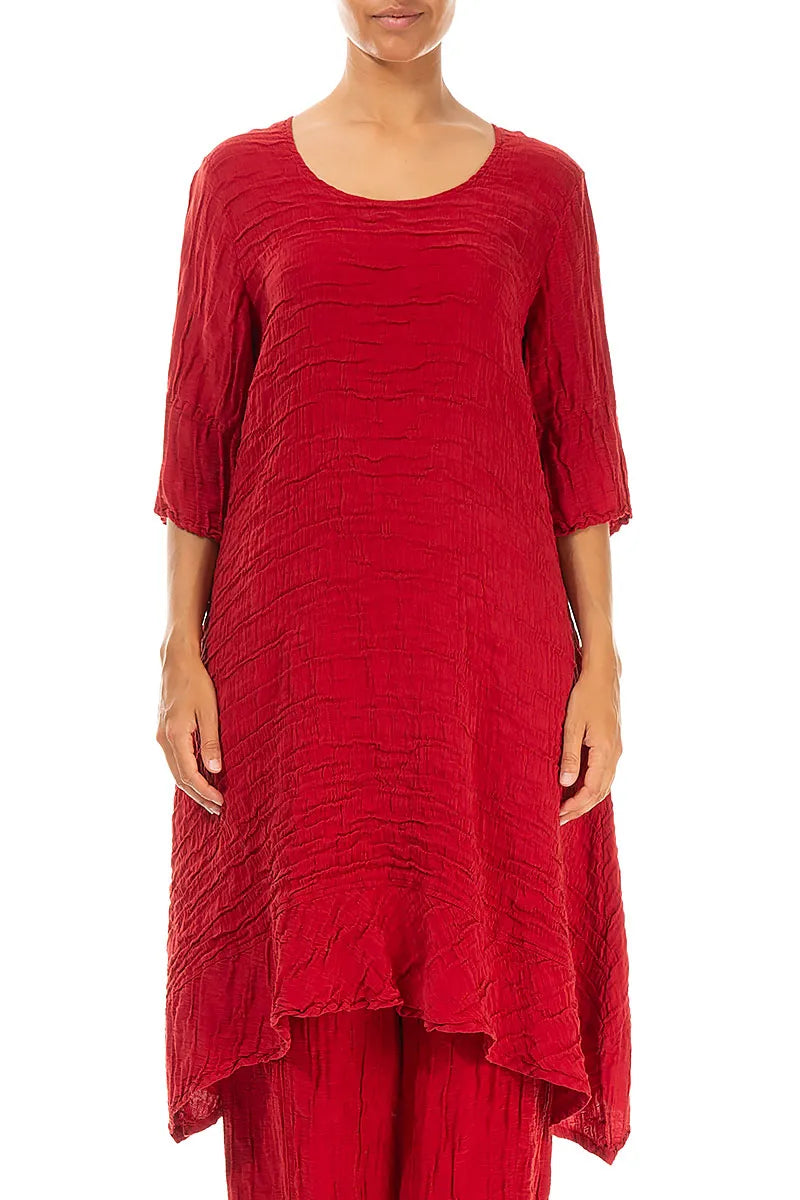 Dropped Sides Crinkled Red Silk Linen Tunic
