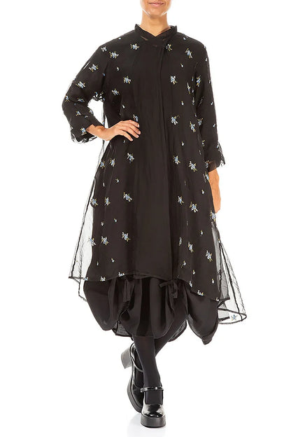 Embroidered Petals Black Silk Chiffon Jacket