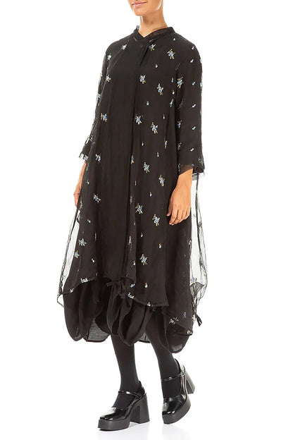 Embroidered Petals Black Silk Chiffon Jacket