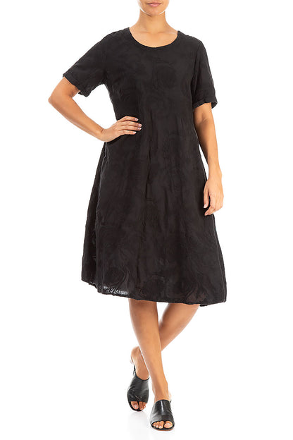 Embroidered Roses Black Cotton Shift Dress 4