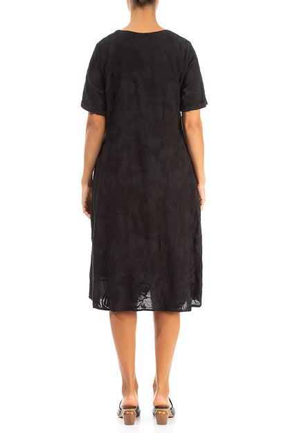 Embroidered Roses Black Cotton Shift Dress 2