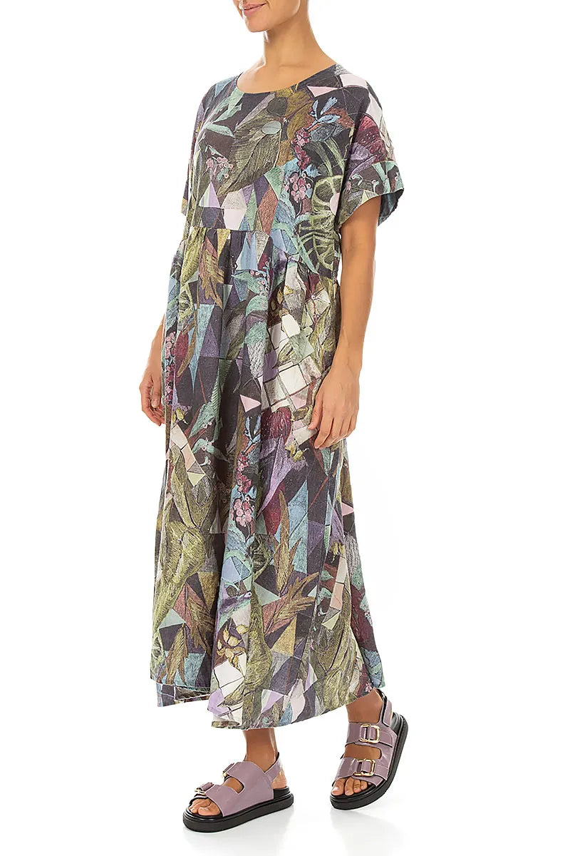 Empire Waist Art Mosaic Linen Dress 3