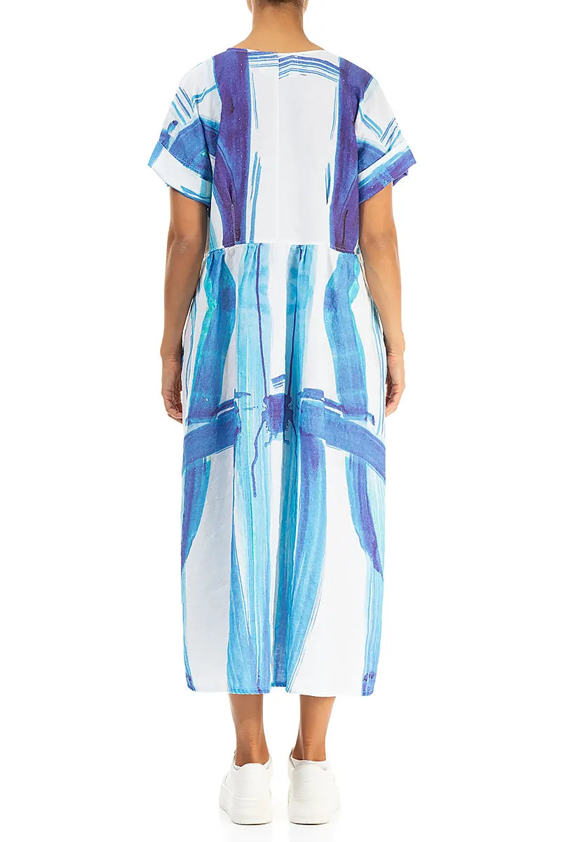 Empire Waist Blue Brushstroke Linen Dress 2