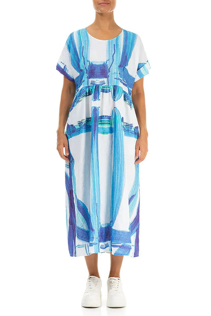 Empire Waist Blue Brushstroke Linen Dress
