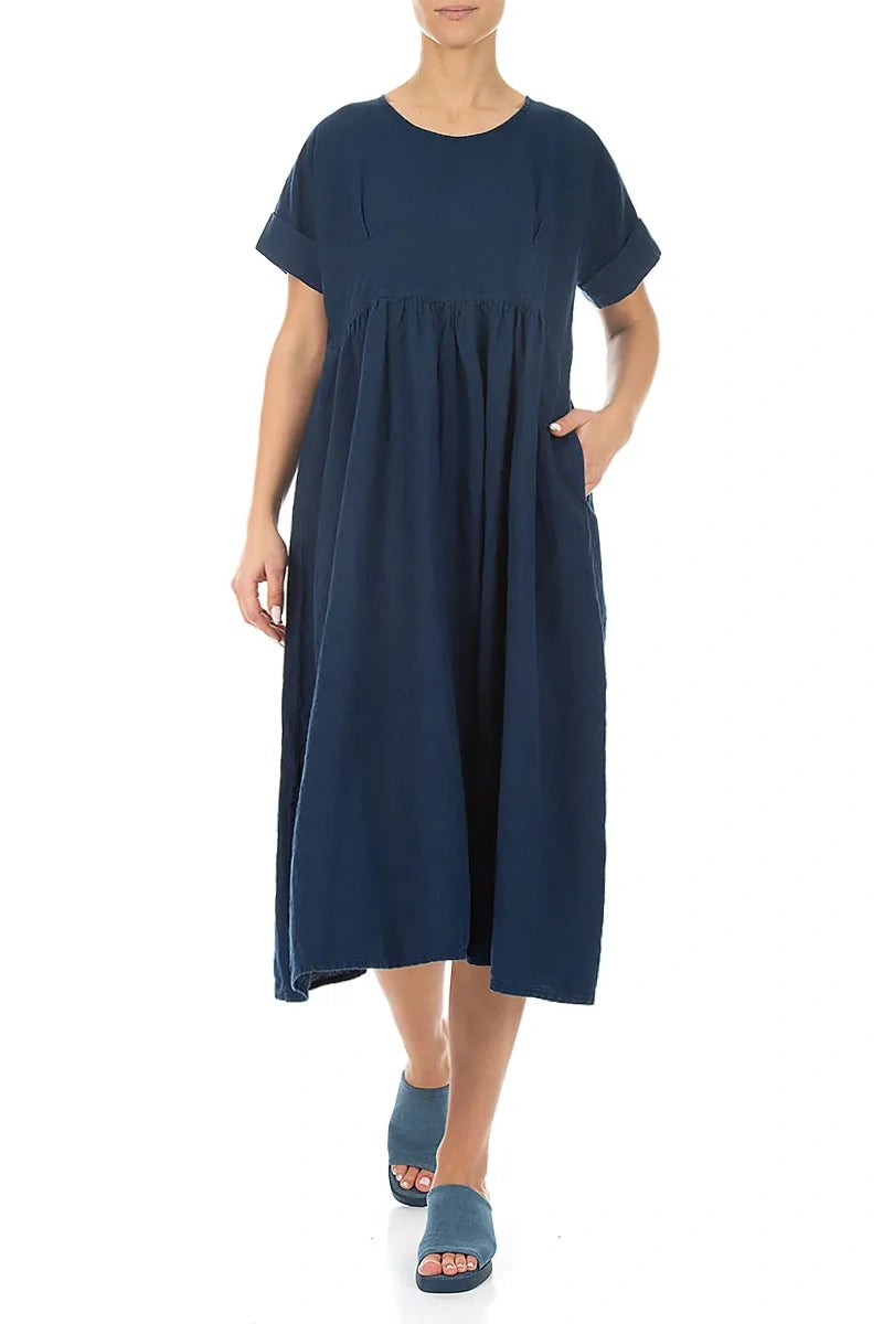 Empire Waist Navy Linen Dress 3