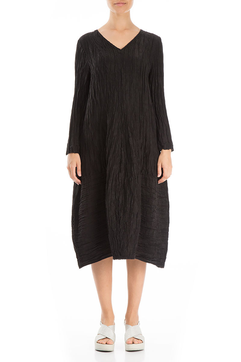 Long Sleeves V-neck Crinkled Black Silk Dress 1