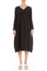 Long Sleeves V-neck Crinkled Black Silk Dress 1