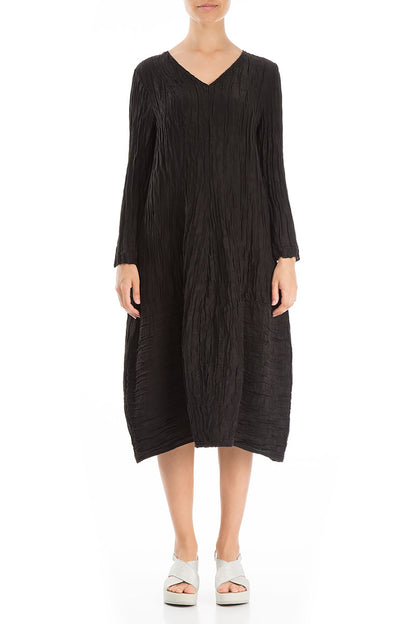 Long Sleeves V-neck Crinkled Black Silk Dress 1