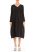Long Sleeves V-neck Crinkled Black Silk Dress 1