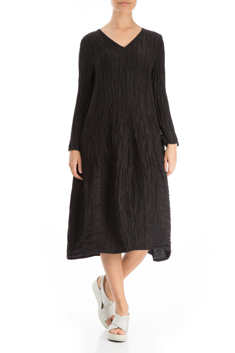 Long Sleeves V-neck Crinkled Black Silk Dress 3