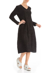 Long Sleeves V-neck Crinkled Black Silk Dress 4