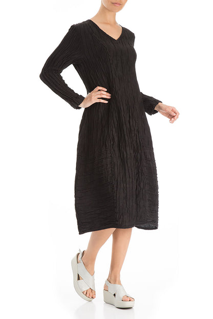 Long Sleeves V-neck Crinkled Black Silk Dress 4