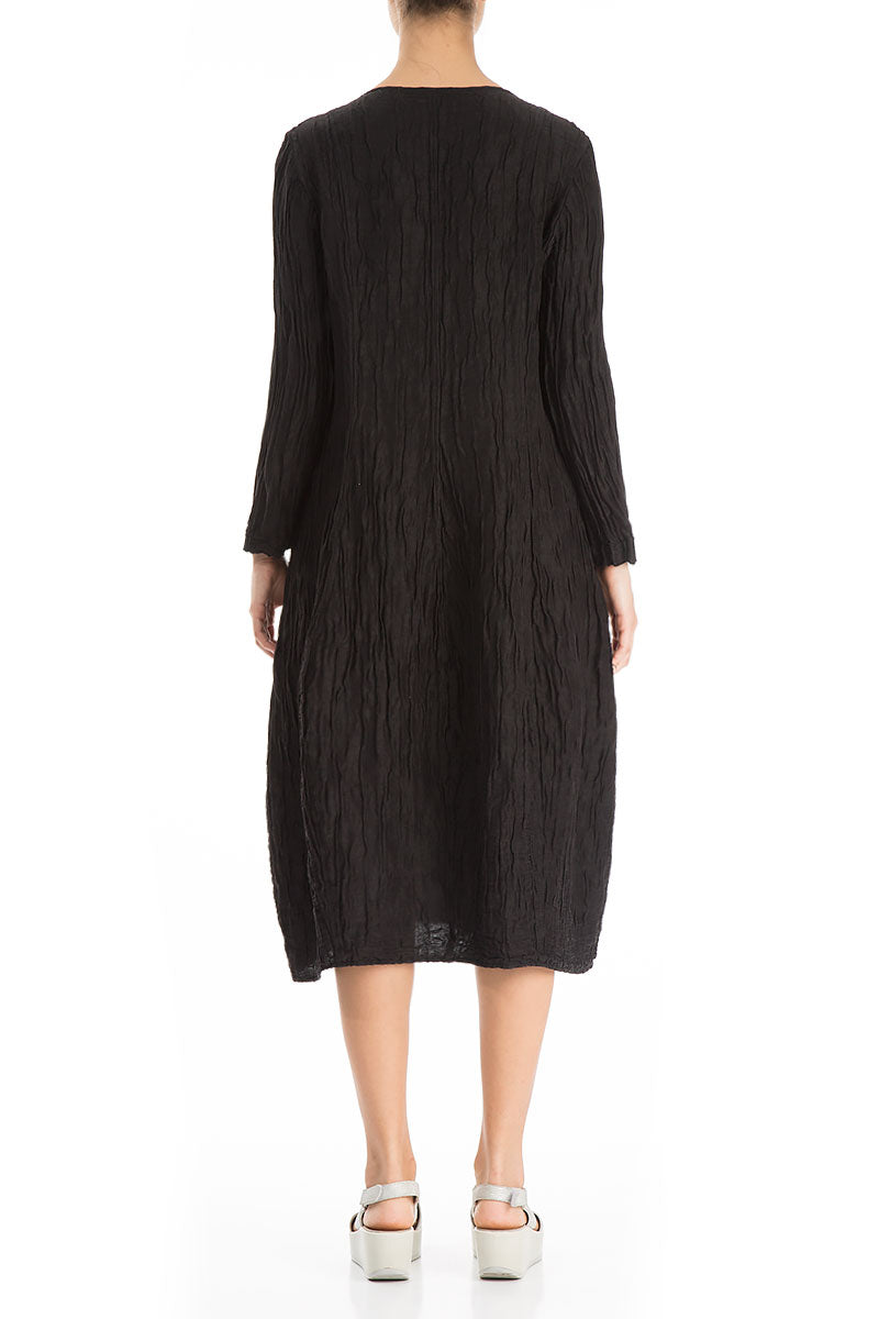 Long Sleeves V-neck Crinkled Black Silk Dress 2