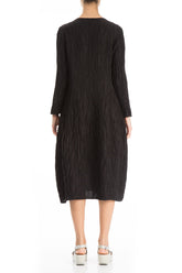 Long Sleeves V-neck Crinkled Black Silk Dress 2