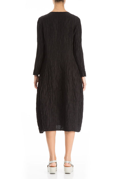 Long Sleeves V-neck Crinkled Black Silk Dress 2