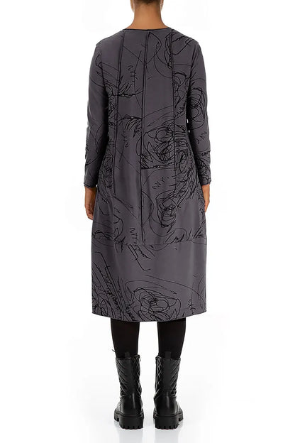 Exposed Seam Graphite Abstract Draw Cotton Dress 2