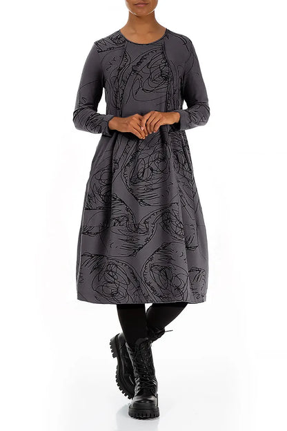 Exposed Seam Graphite Abstract Draw Cotton Dress 4