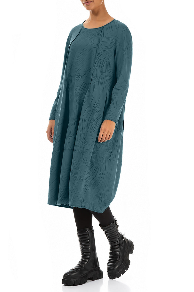 Exposed Seam Deep Turquoise Feathers Cotton Dress 3