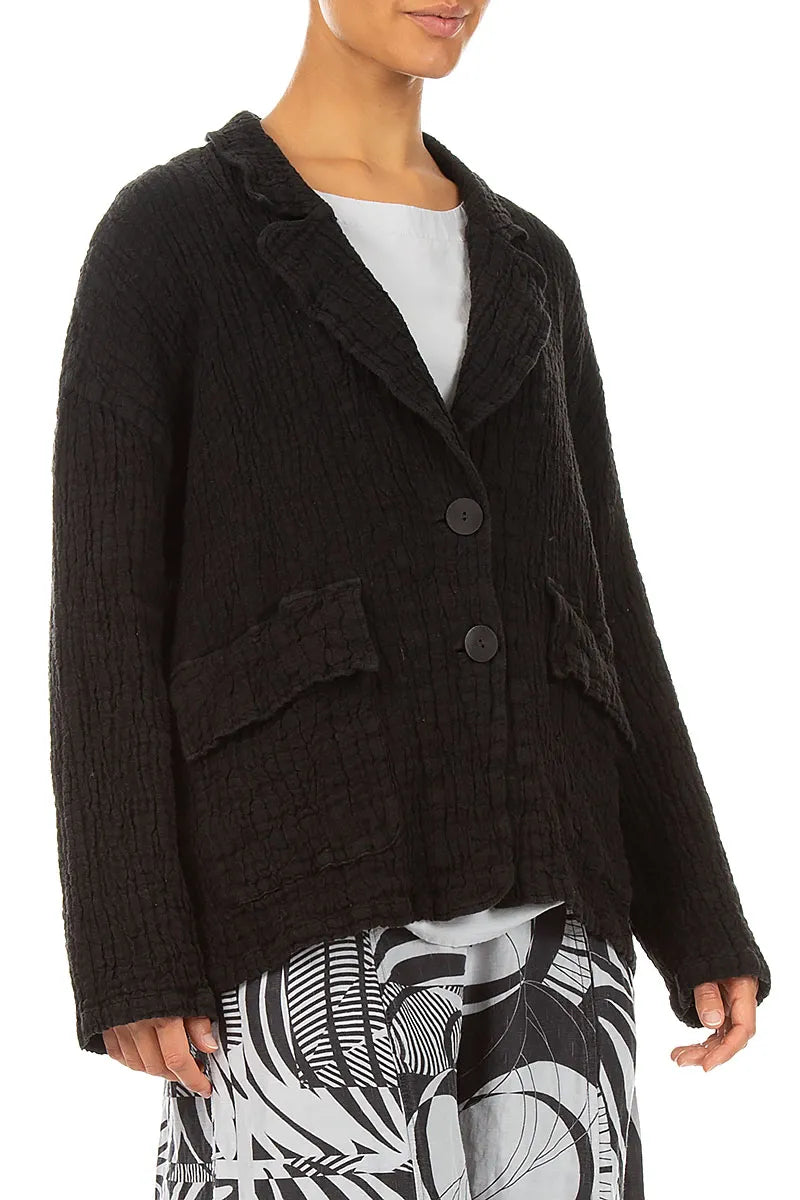 Flap Pocket Black Textured Linen Jacket 3
